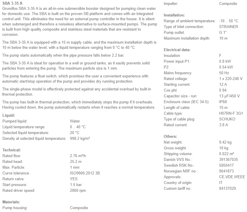 Buy Grundfos SBA 3-35A Submersible Pump 240v with Integrated Suction ...