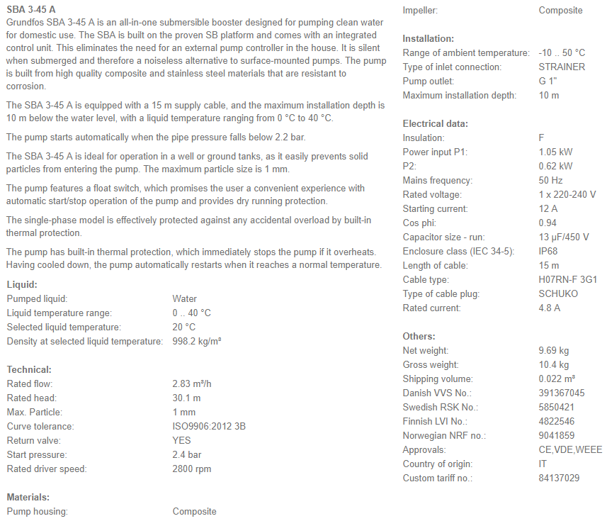Buy Grundfos SBA 345A Submersible Pump 240v with Integrated Suction